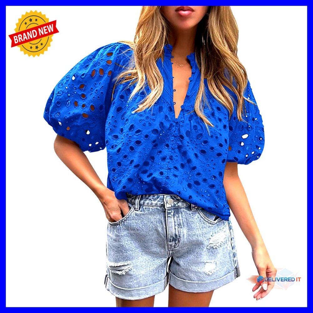 V Neck Eyelet Lace Embroidered Blouse Lantern Sleeve Dressy Casual Summer Top